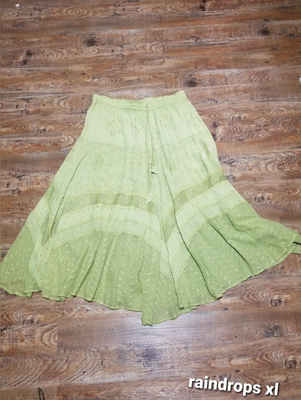 Raindrops Citrus Green Boho XL Maxi Skirt - Peasant Embroidered Festive